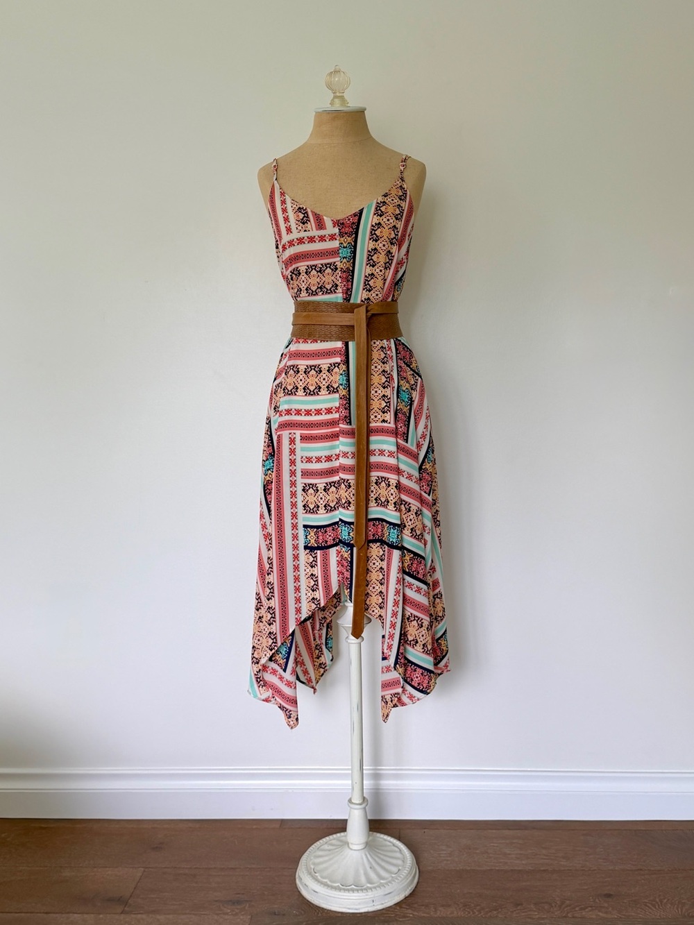 Romeo & Juliet Couture Coral Pink & Aqua Boho Handkerchief Hem Dress